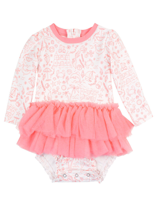 RuffleButts Rufflebutts By The Seaside Tulle Skirted One Piece Rash Guard