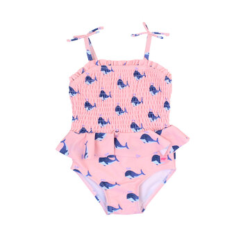 RuffleButts Rufflebutts Pink Whale Friends Peplum Smocked Bodice One Piece