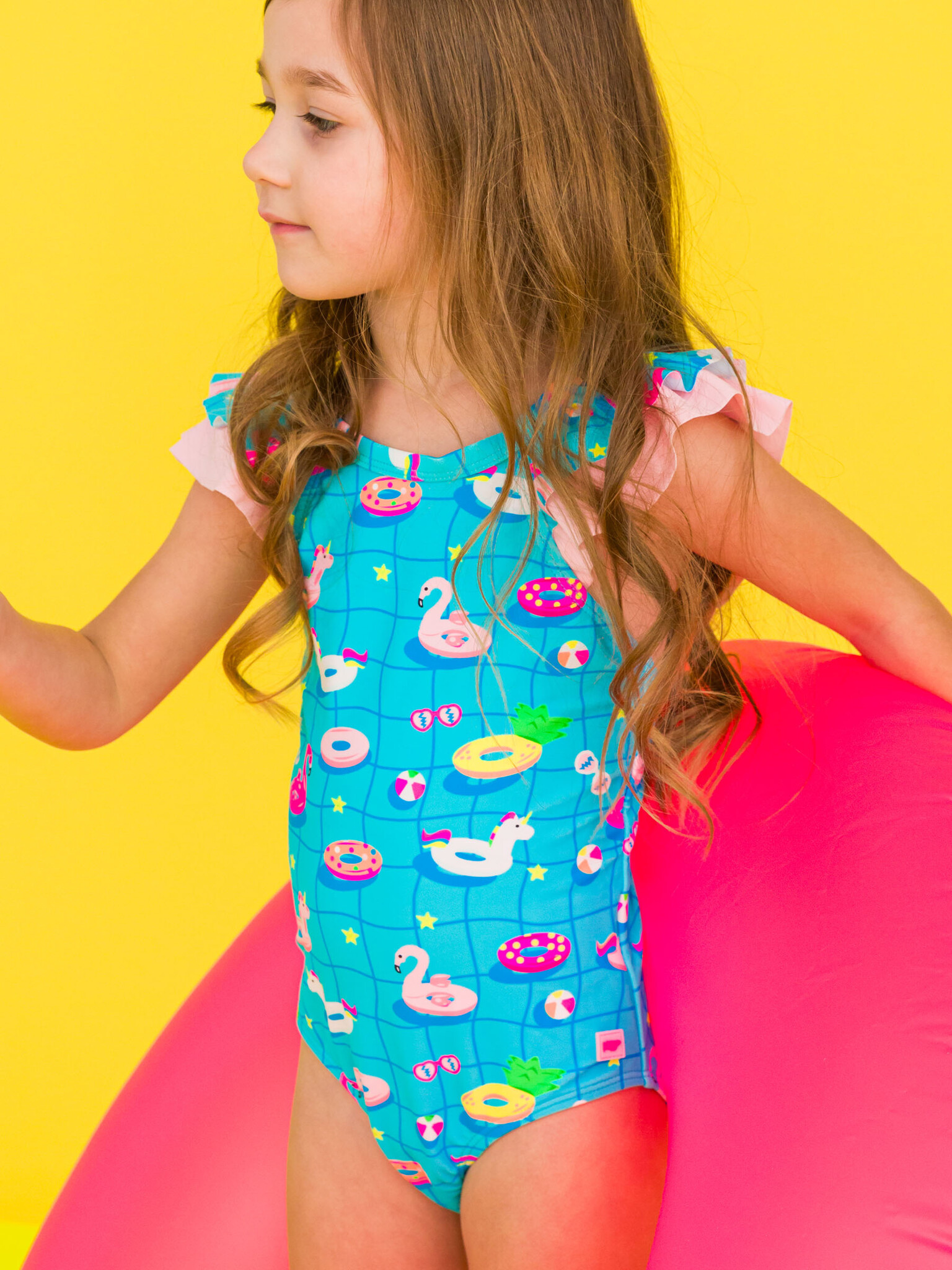 RuffleButts Rufflebutts Neon Pool Party Ruffle V-back One Piece