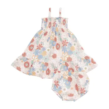 Angel Dear Angel Dear Tropical Retro Floral Tie Strap Smocked Sun Dress