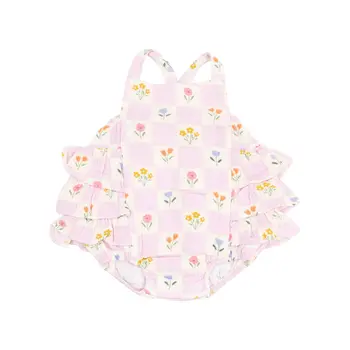 Angel Dear Angel Dear Floral Check Ruffle Sunsuit