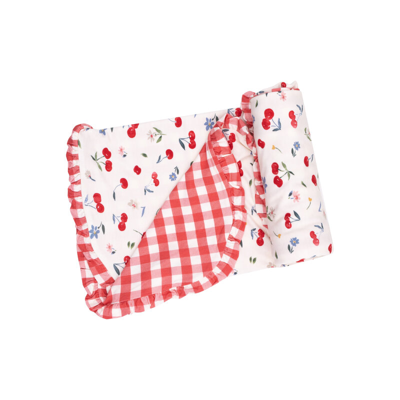 Angel Dear Angel Dear Watercolor Cherries + Gingham Ruffle Receiving Blanket