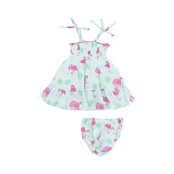 Angel Dear Angel Dear Flamingos Tie Strap Smocked Sun Dresss Diaper Cover