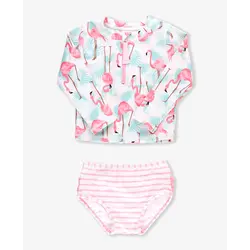 RuffleButts Rufflebutts Vibrant Flamingo 2-Piece Long Sleeve Zipper Rash Guard Swimsuit