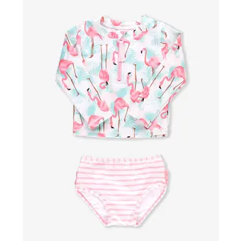 RuffleButts Rufflebutts Vibrant Flamingo 2-Piece Long Sleeve Zipper Rash Guard Swimsuit