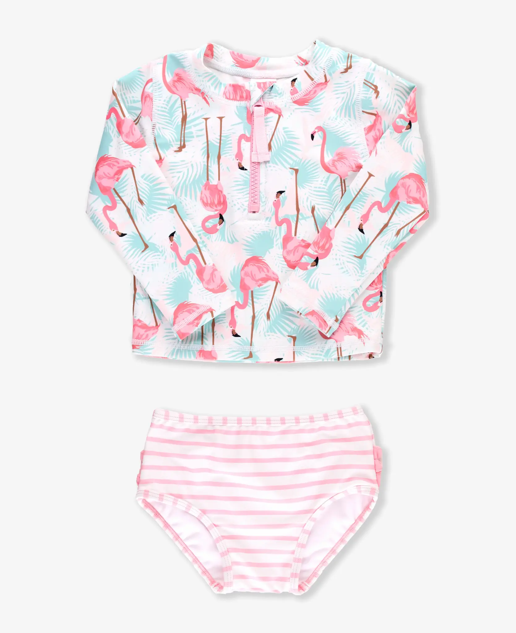 RuffleButts Rufflebutts Vibrant Flamingo 2-Piece Long Sleeve Zipper Rash Guard Swimsuit