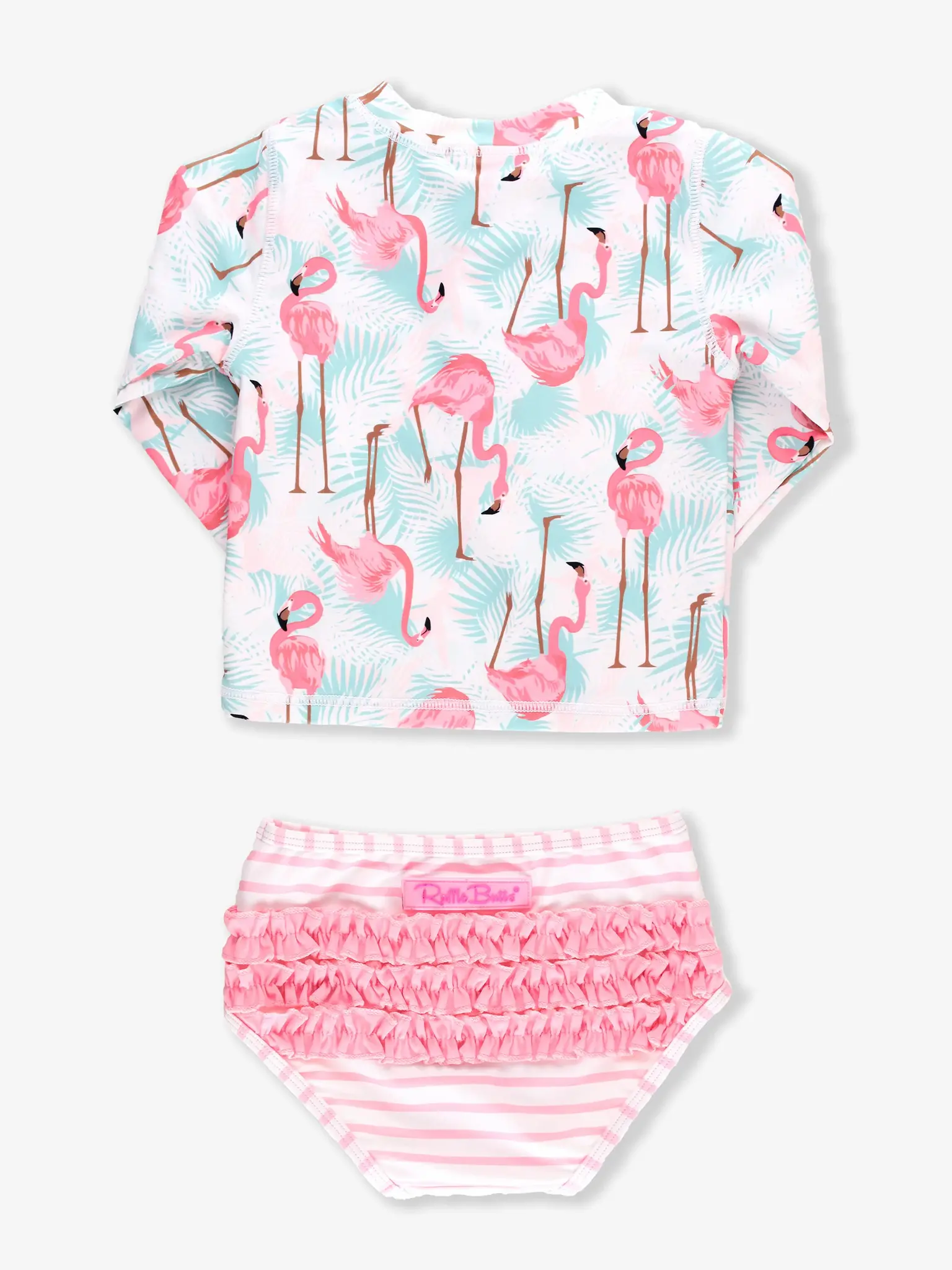 RuffleButts Rufflebutts Vibrant Flamingo 2-Piece Long Sleeve Zipper Rash Guard Swimsuit