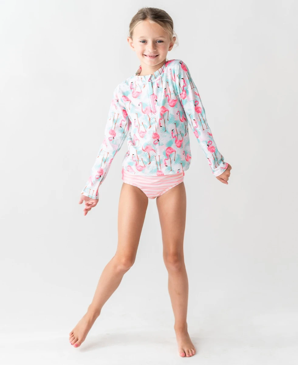RuffleButts Rufflebutts Vibrant Flamingo 2-Piece Long Sleeve Zipper Rash Guard Swimsuit