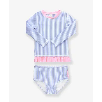 RuffleButts Rufflebutts Seersucker 2-Piece Long Sleeve Zipper Rash Guard Swim