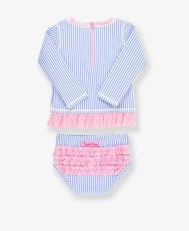 RuffleButts Rufflebutts Seersucker 2-Piece Long Sleeve Zipper Rash Guard Swim