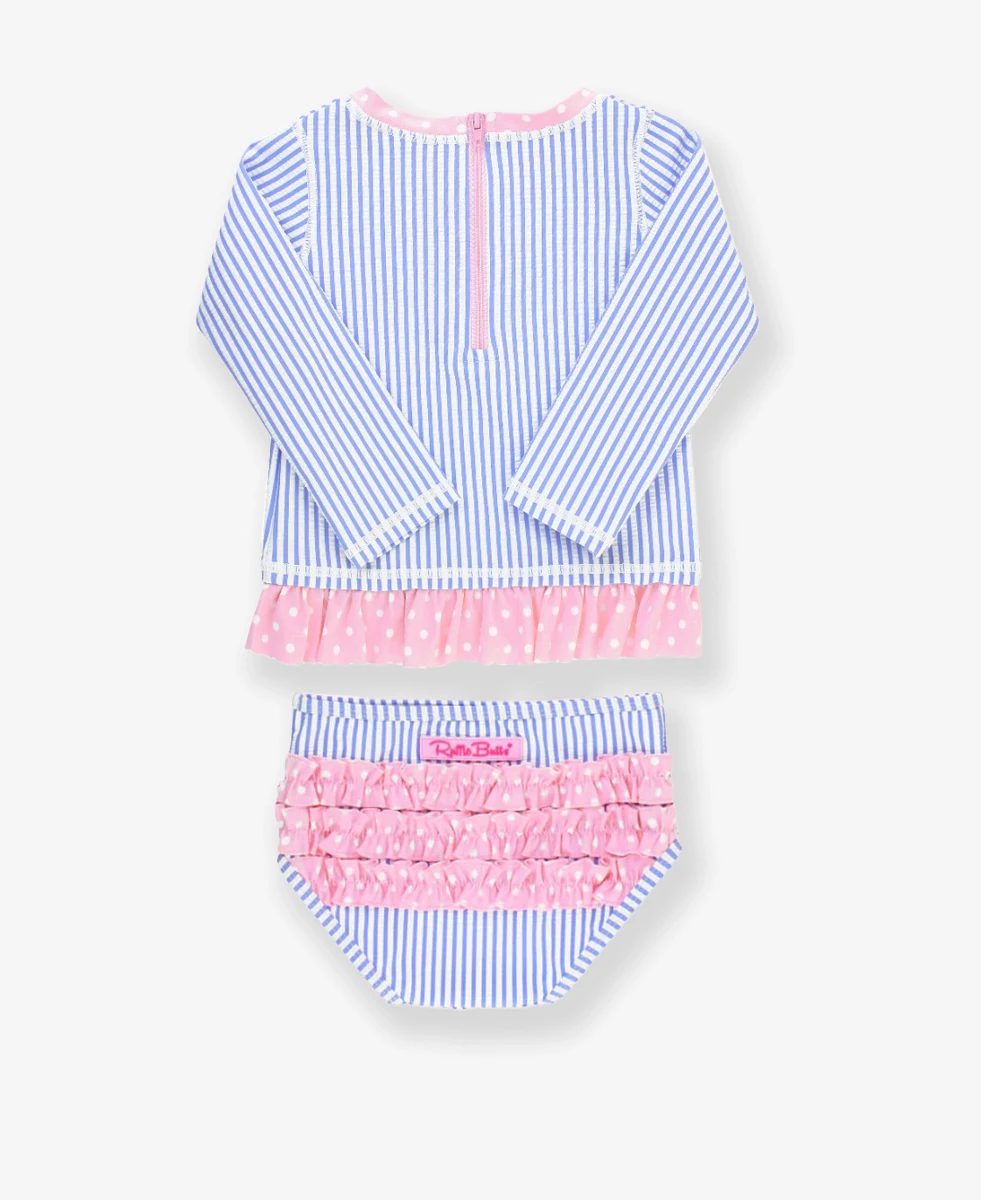 RuffleButts Rufflebutts Seersucker 2-Piece Long Sleeve Zipper Rash Guard Swim