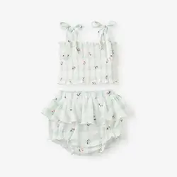 Elegant Baby Strawberry Picnic Swiss Dot Smocked Tie Top