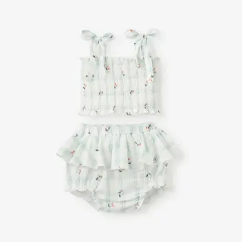 Elegant Baby Strawberry Picnic Swiss Dot Smocked Tie Top