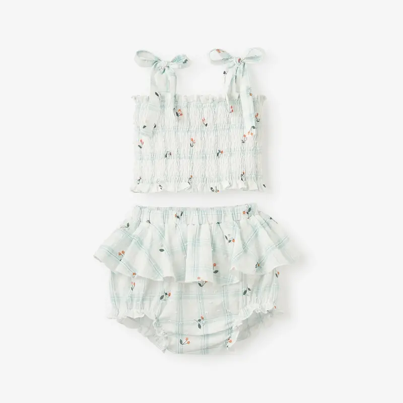 Elegant Baby Strawberry Picnic Swiss Dot Smocked Tie Top