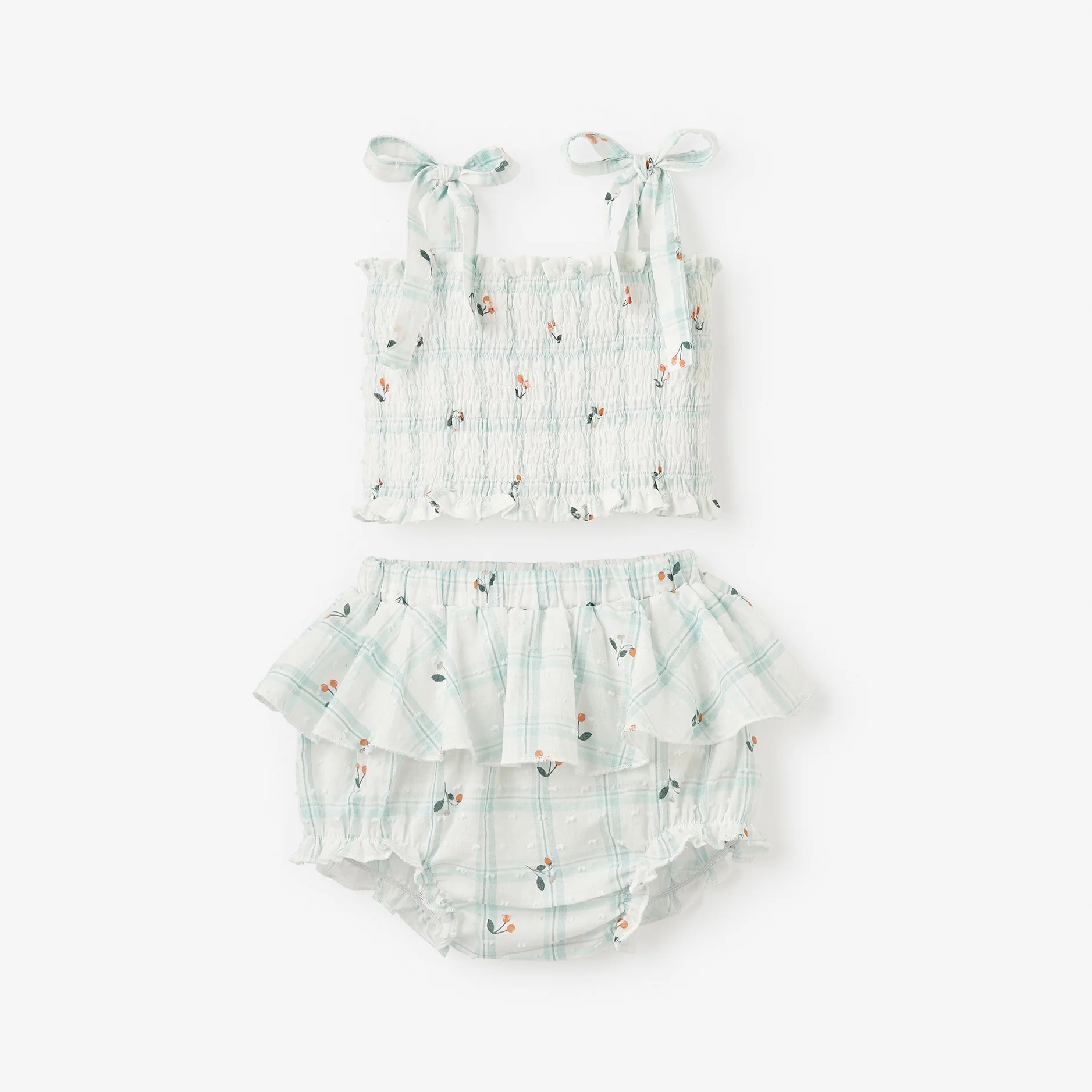 Elegant Baby Strawberry Picnic Swiss Dot Smocked Tie Top