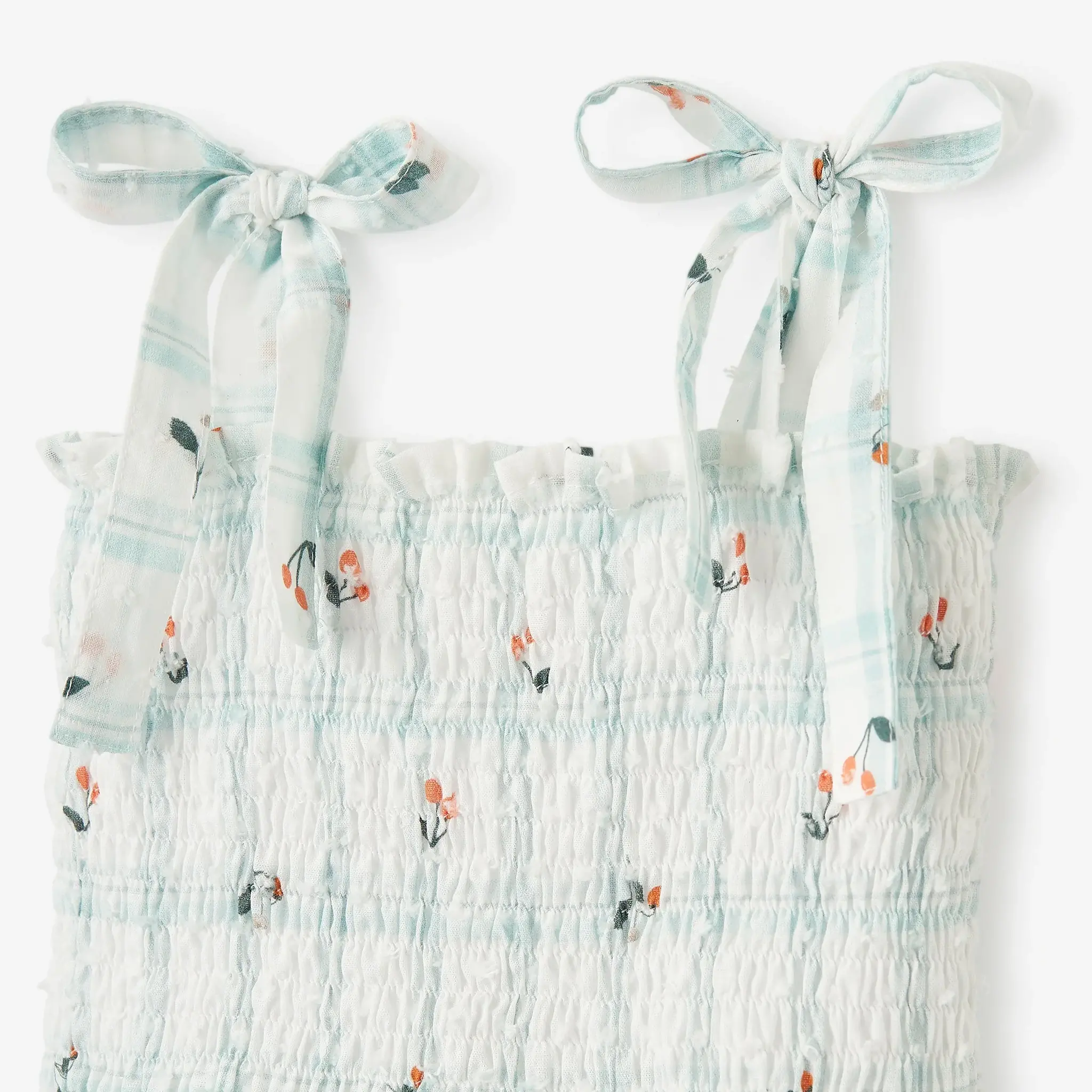 Elegant Baby Strawberry Picnic Swiss Dot Smocked Tie Top