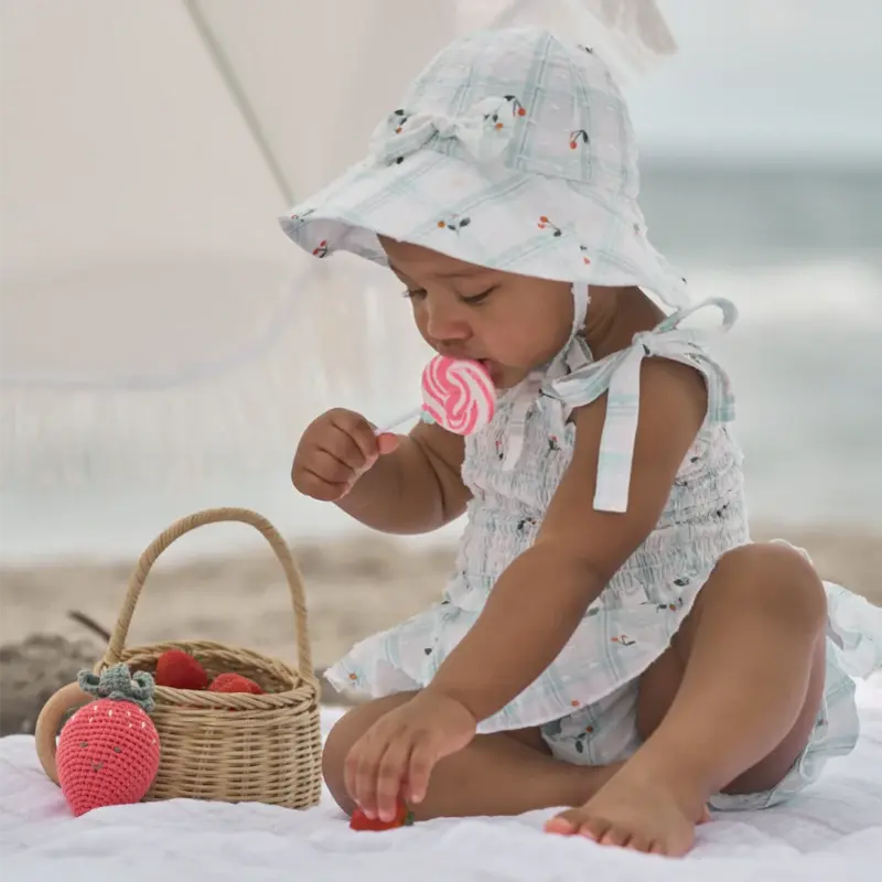 Elegant Baby Strawberry Picnic Swiss Dot Smocked Tie Top