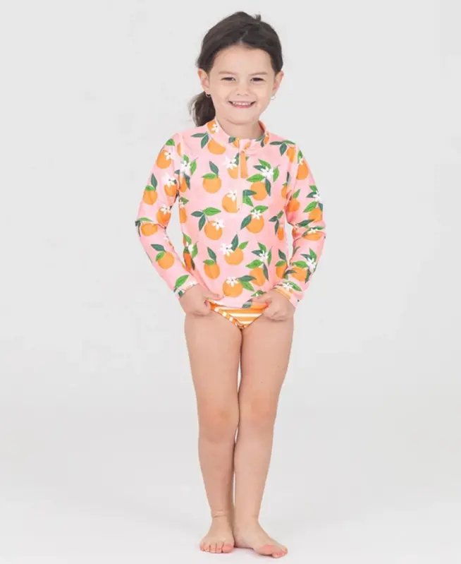 RuffleButts Rufflebutts Orange You The Sweetest Long Sleeve Zipper Rash Guard 2-piece