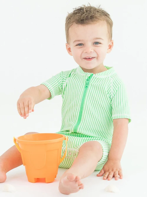 RuffleButts Rufflebutts Spring Green Seersucker Short Sleeve One Piece Rashguard