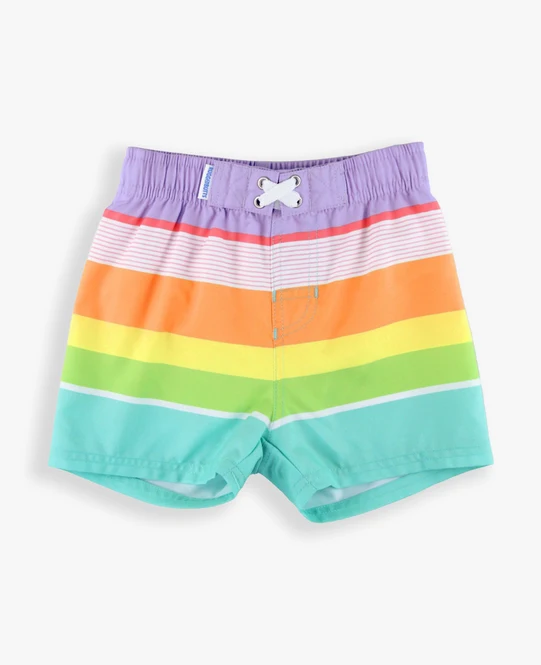 RuffleButts Rufflebutts Island Rainbow Multi-Stripe Swim Trunks