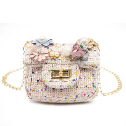 Mini Tweed Pearly Florals Crossbody - Pink