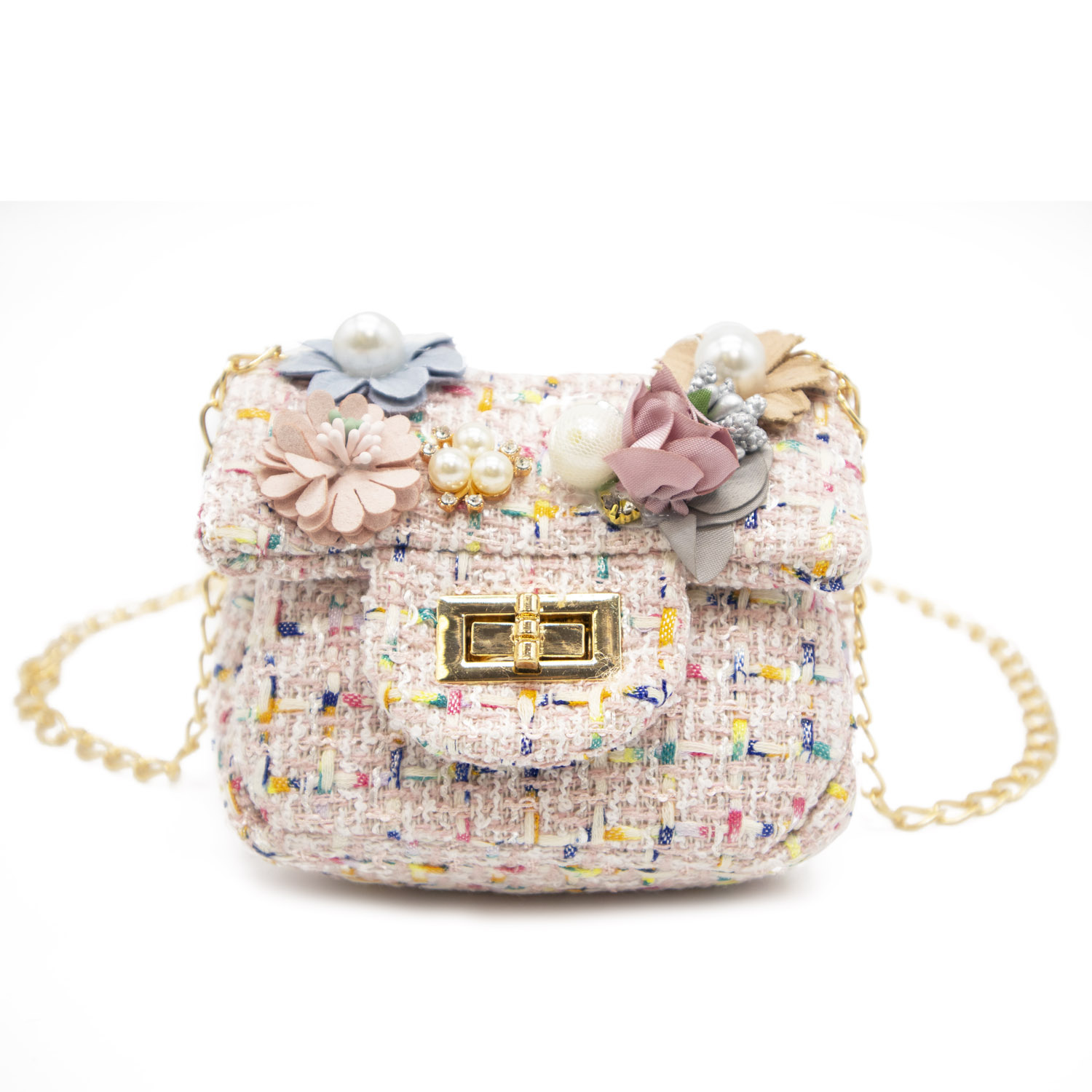 Mini Tweed Pearly Florals Crossbody - Pink