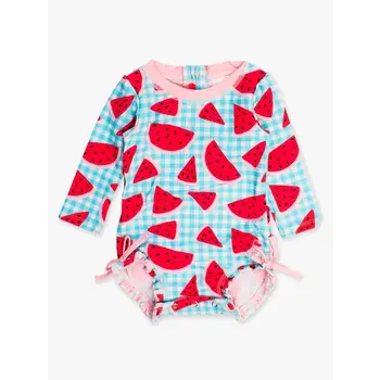 RuffleButts Rufflebutts Watermelon Gingham Long Sleeve One Piece Rash Guard