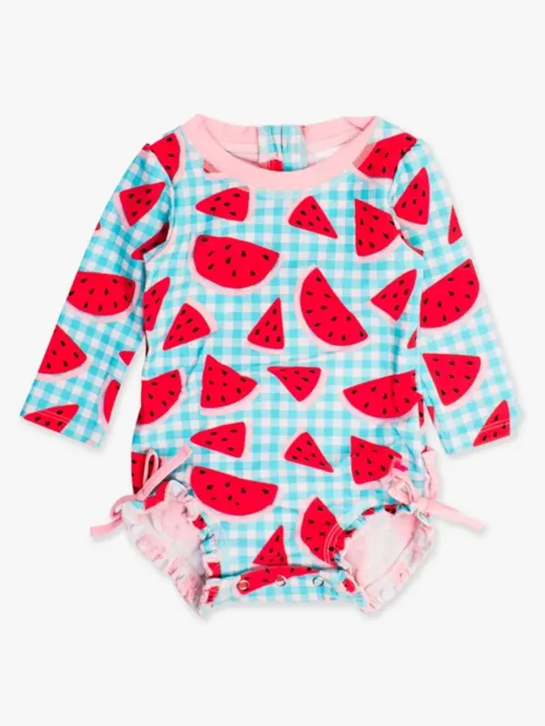 RuffleButts Rufflebutts Watermelon Gingham Long Sleeve One Piece Rash Guard