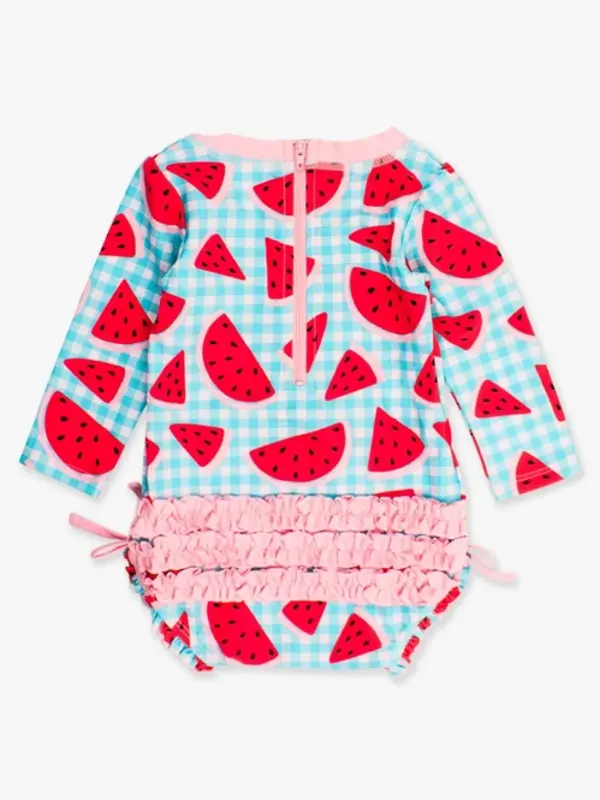 RuffleButts Rufflebutts Watermelon Gingham Long Sleeve One Piece Rash Guard
