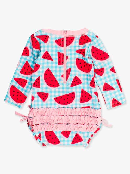 RuffleButts Rufflebutts Watermelon Gingham Long Sleeve One Piece Rash Guard