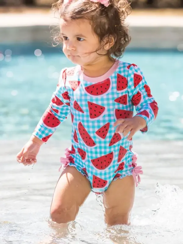 RuffleButts Rufflebutts Watermelon Gingham Long Sleeve One Piece Rash Guard