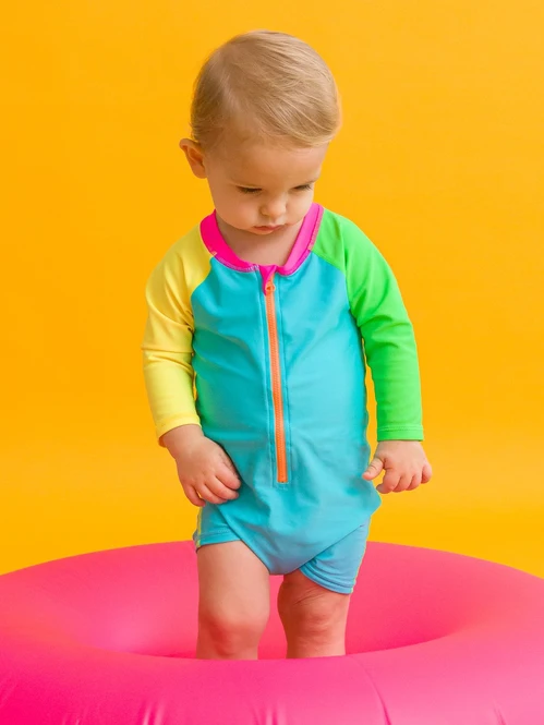 RuffleButts Rufflebutts Neon Color Block Long Sleeve One Piece Rash Guard