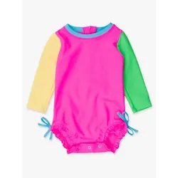 RuffleButts Rufflebutts Neon Color Block Long Sleeve One Piece Ruffle Rash Guard