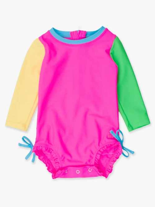 RuffleButts Rufflebutts Neon Color Block Long Sleeve One Piece Ruffle Rash Guard