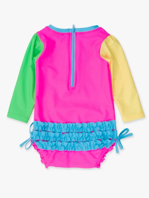 RuffleButts Rufflebutts Neon Color Block Long Sleeve One Piece Ruffle Rash Guard