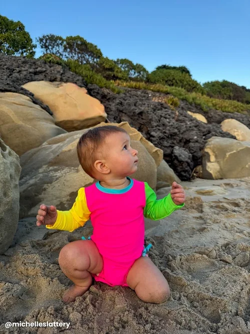 RuffleButts Rufflebutts Neon Color Block Long Sleeve One Piece Ruffle Rash Guard