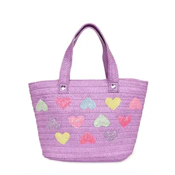 OMG Accessories Heart-Patched Purple Straw Tote Bag