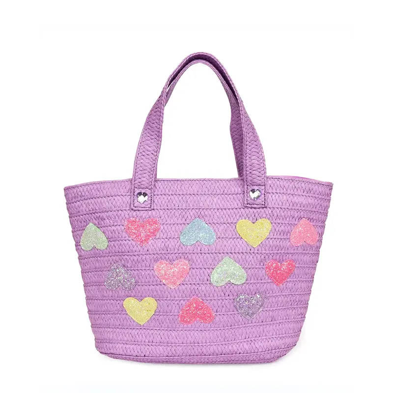 OMG Accessories Heart-Patched Purple Straw Tote Bag