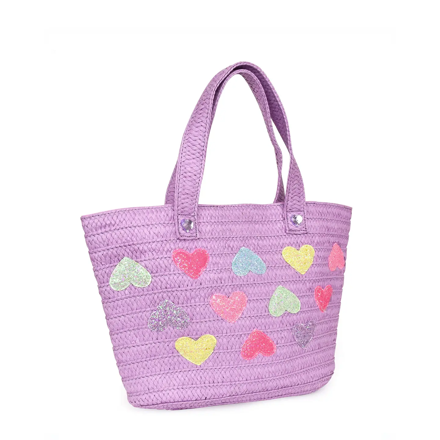 OMG Accessories Heart-Patched Purple Straw Tote Bag