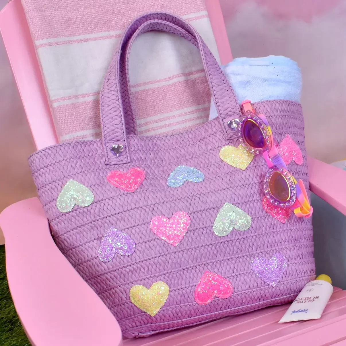 OMG Accessories Heart-Patched Purple Straw Tote Bag