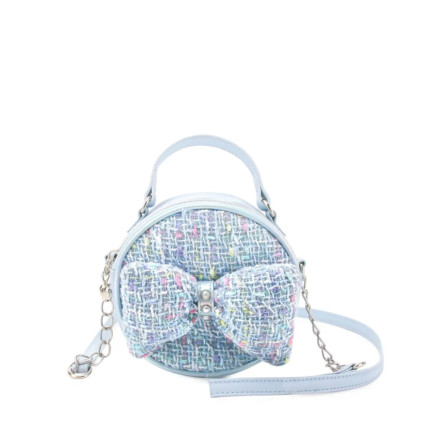OMG Accessories Tweed Bow Round Crossbody Bag-Blue