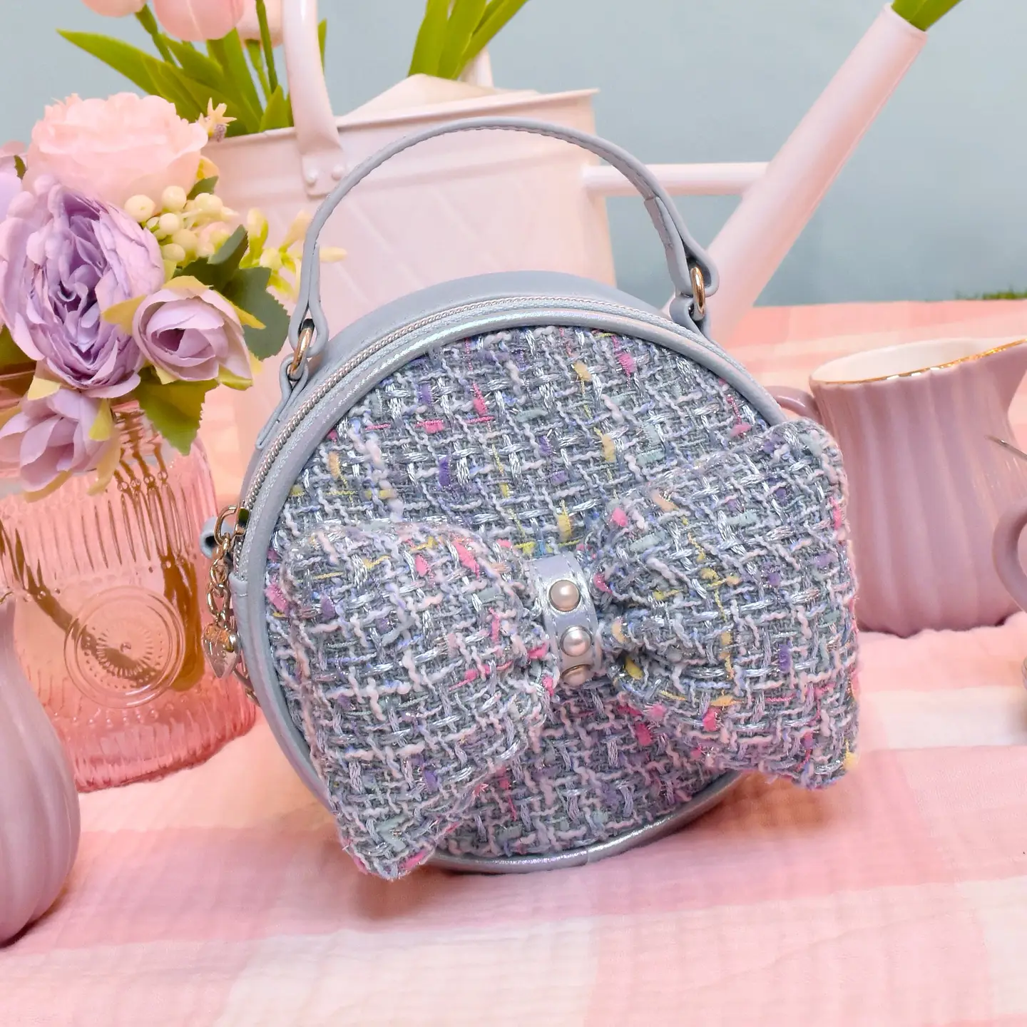 OMG Accessories Tweed Bow Round Crossbody Bag-Blue
