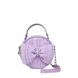 OMG Accessories Tweed Bow Round Crossbody Bag-Purple