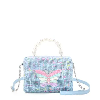 OMG Accessories Tweed Butterfly Front Flap Crossbody Bag-Blue