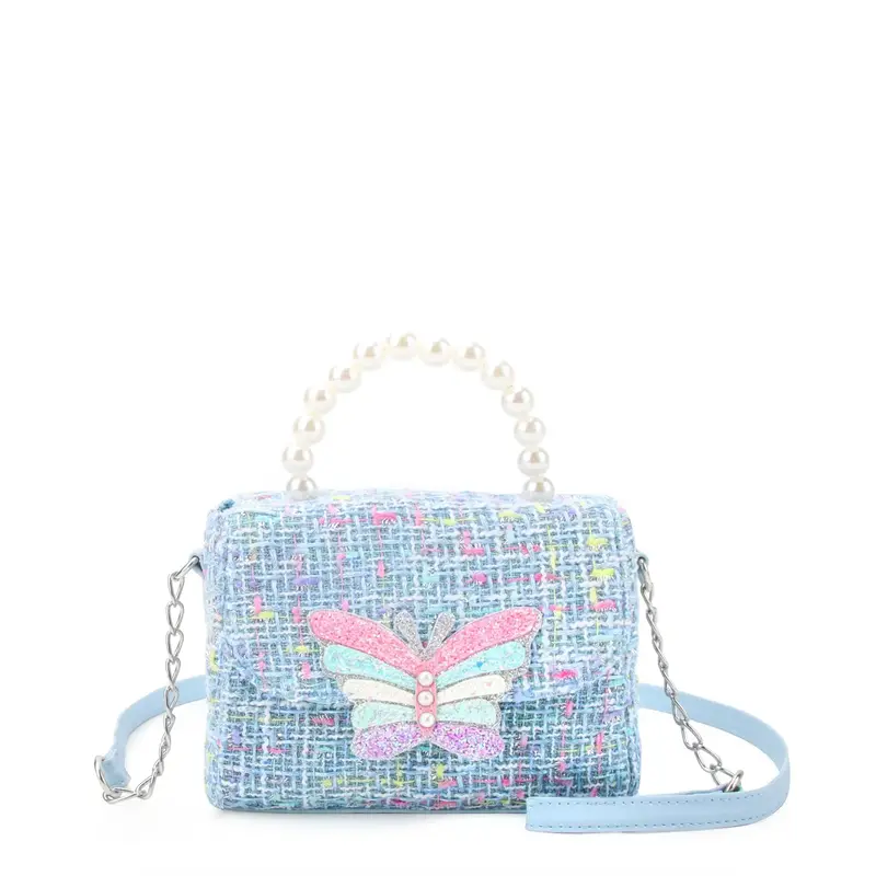 OMG Accessories Tweed Butterfly Front Flap Crossbody Bag-Blue