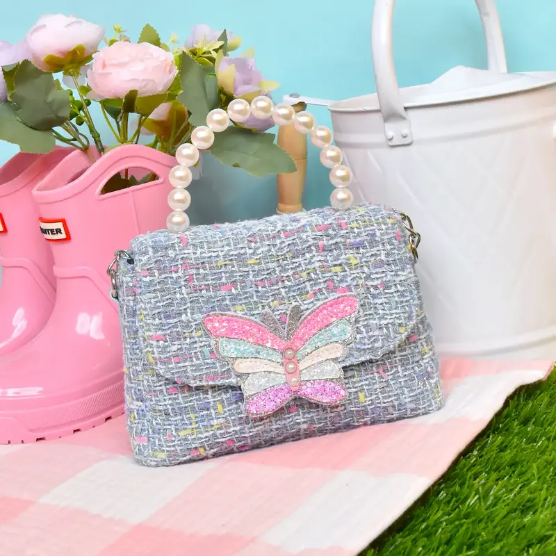 OMG Accessories Tweed Butterfly Front Flap Crossbody Bag-Blue