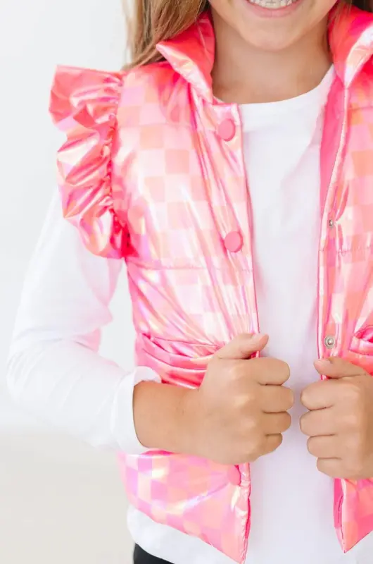 Mila & Rose Mila & Rose Neon Pink Checker Puffer Vest