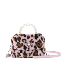 OMG Accessories Pink Leopard Plush Top Handle Mini Bag