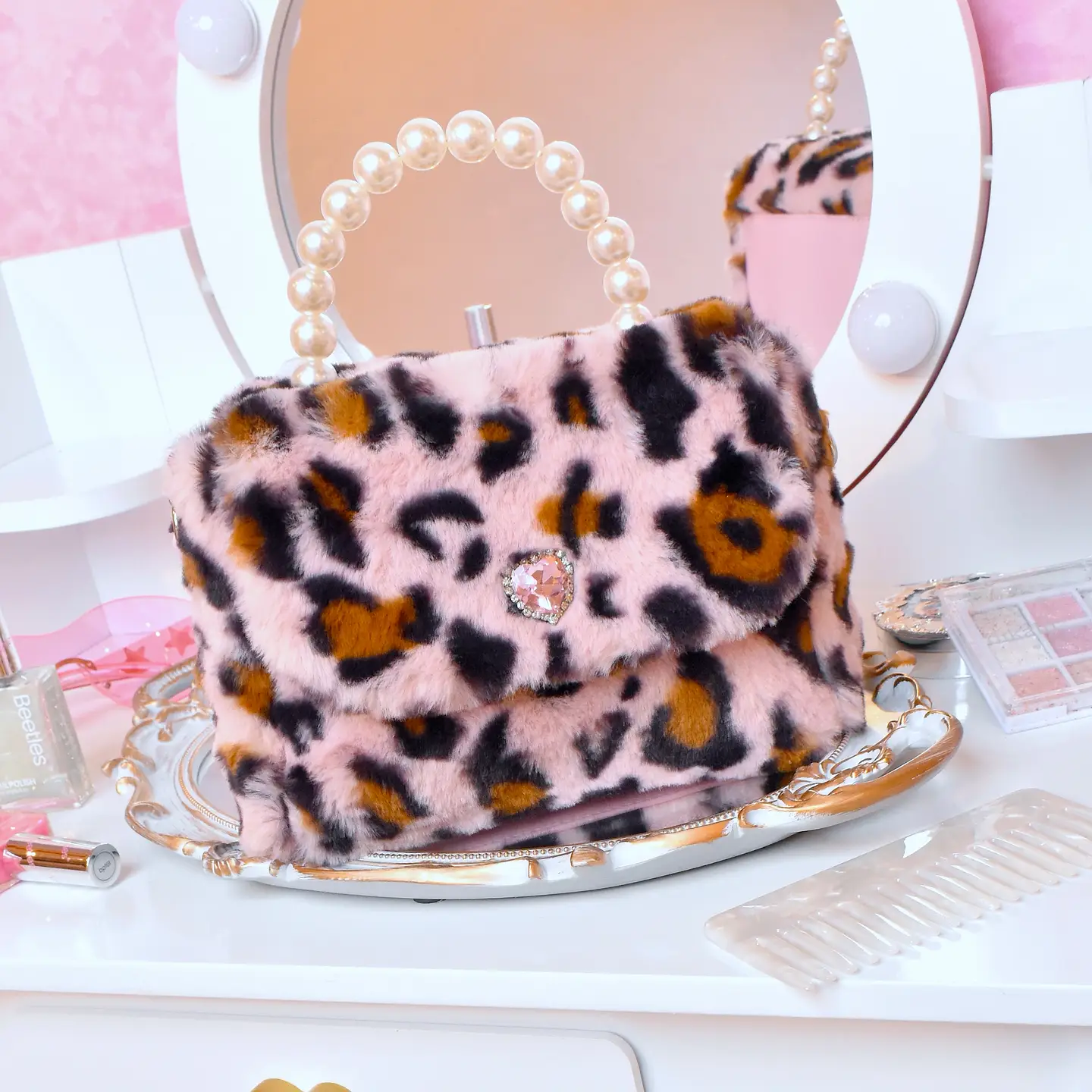 OMG Accessories Pink Leopard Plush Top Handle Mini Bag