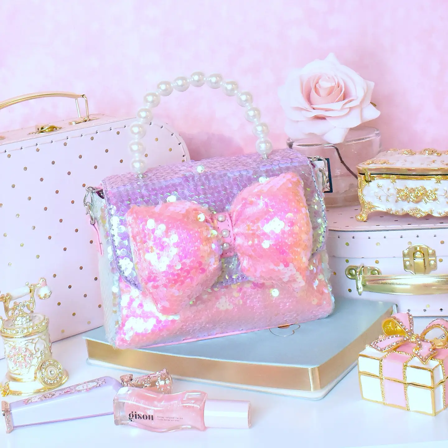 OMG Accessories Sequin Bow Front Flap Top Handle Mini Bag